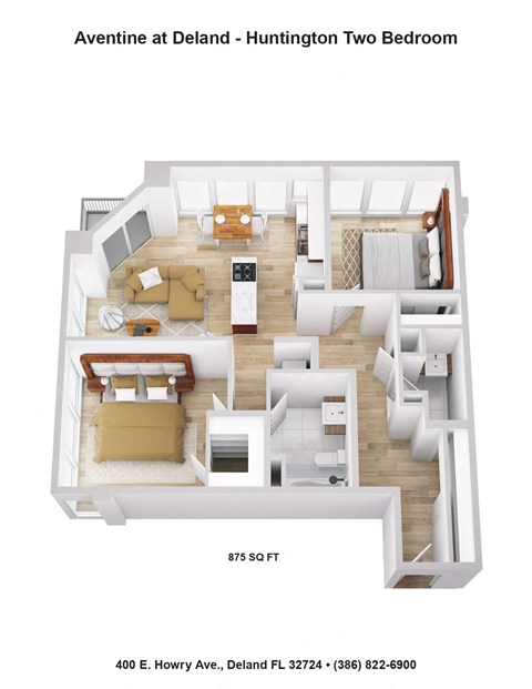 Floor plan for 2 beds, 2 baths, 875 sqft